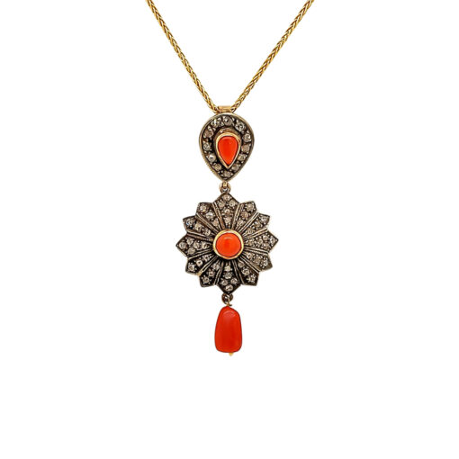 CORAL AND DIAMOND PENDANT AND EARRINGS