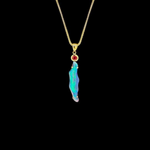 BLACK LIGHTENING RIDGE OPAL AND RUBY PENDANT