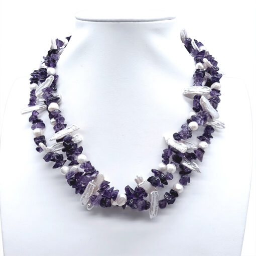 BIWA PEARL AND AMETHYST 3 STRAND NECKLACE