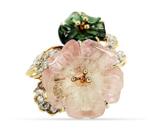 Estate Carved Tourmaline, Rose Quartz, And Diamond Custom Ring