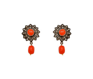 Coral And Diamond Pendant And Earrings