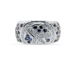 Sapphire And Diamond Ring Engraved Peace Sign In Setting