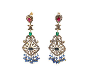 Emerald, Sapphire, Ruby, And Diamond Drop Earrings