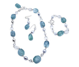 Flourite And Pink Pearl Necklace, Earring And Bracelet Set