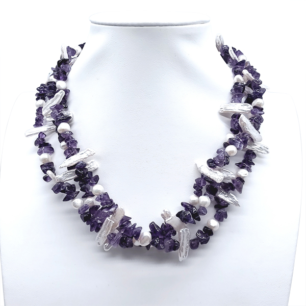 Biwa Pearl And Amethyst 3 Strand Necklace